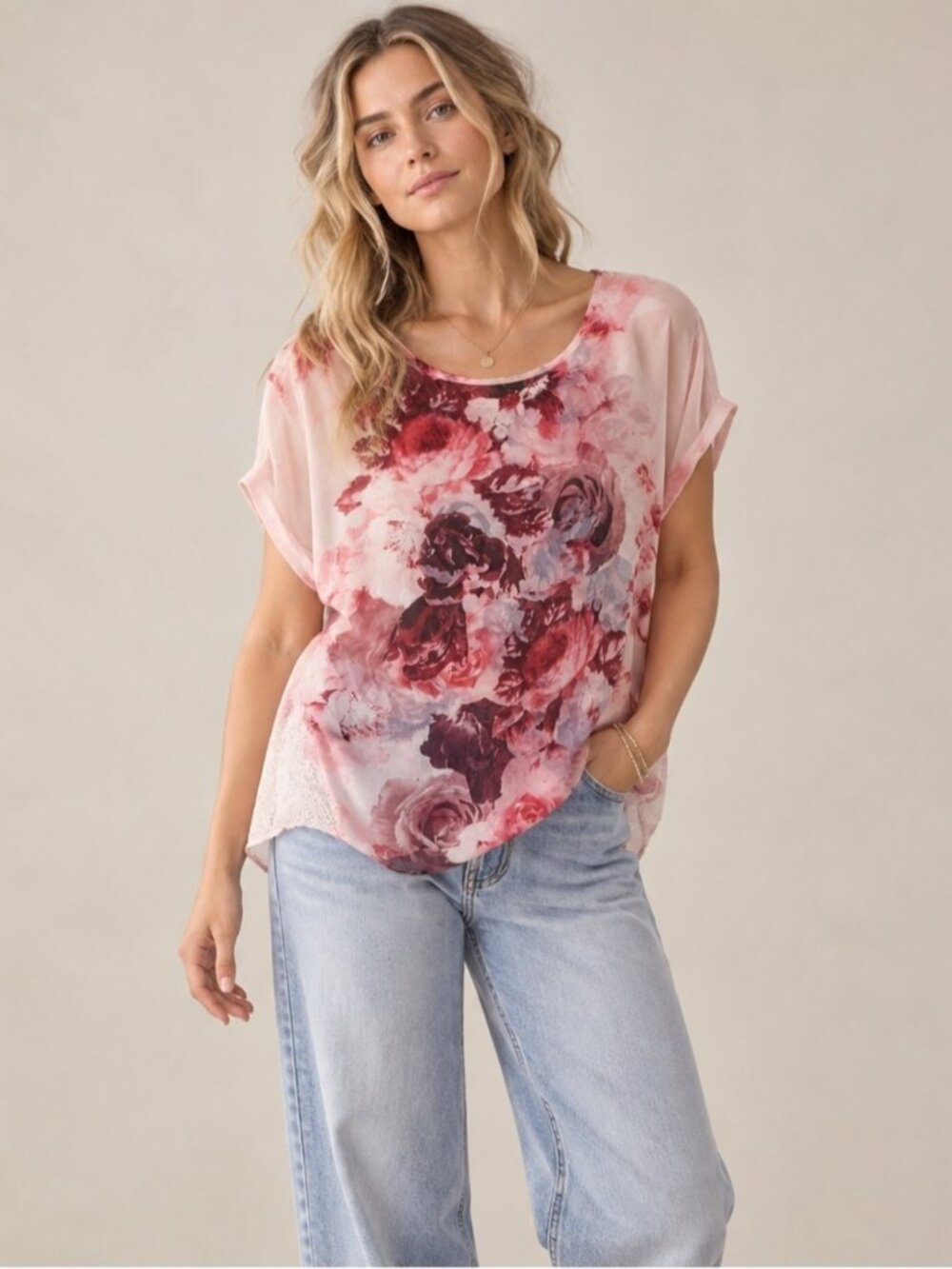 Denver Hayes Sheer Pink Floral Top Blouse Feminine Office Lace Dressy